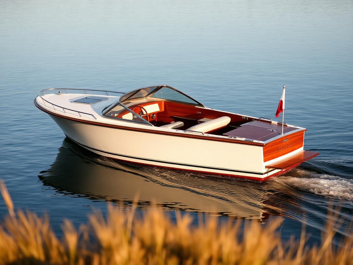Classic runabout on calm lake water