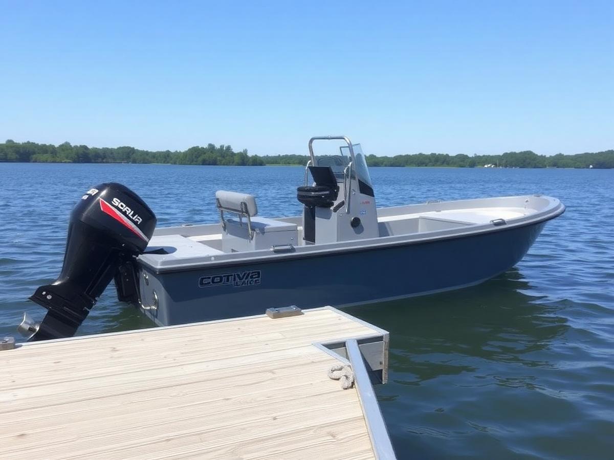 Offshore boat with twin outboards at a pontoon