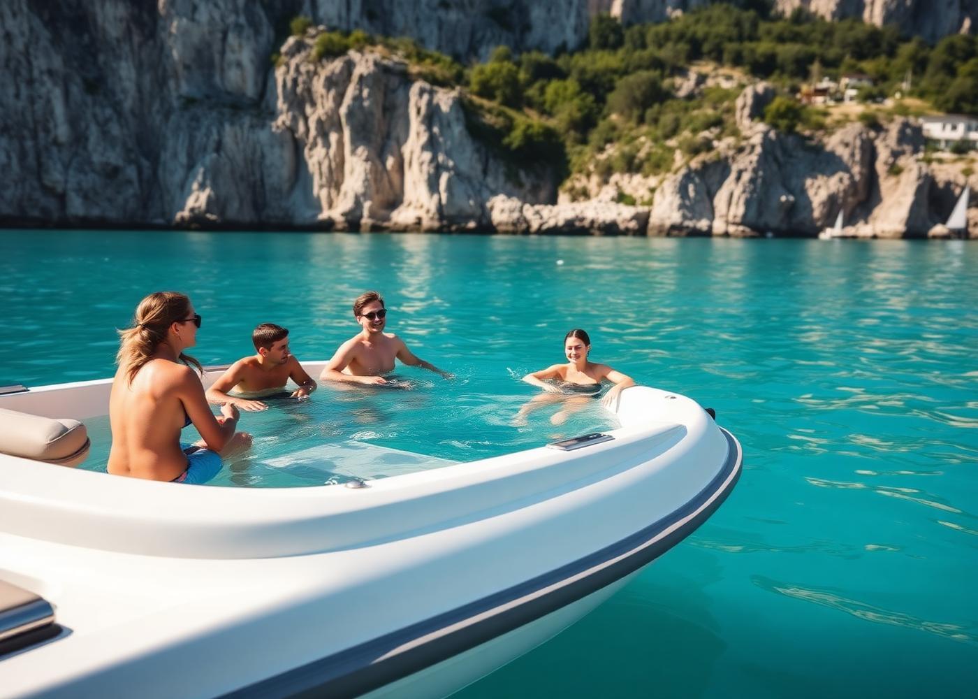 Guests swimming from a moored day boat in a clear Lake Garda bay