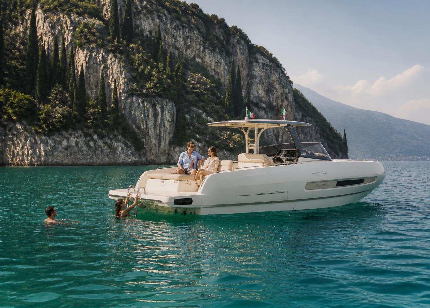 Swimmers beside a moored LagoVento day boat in a clear Lake Garda bay