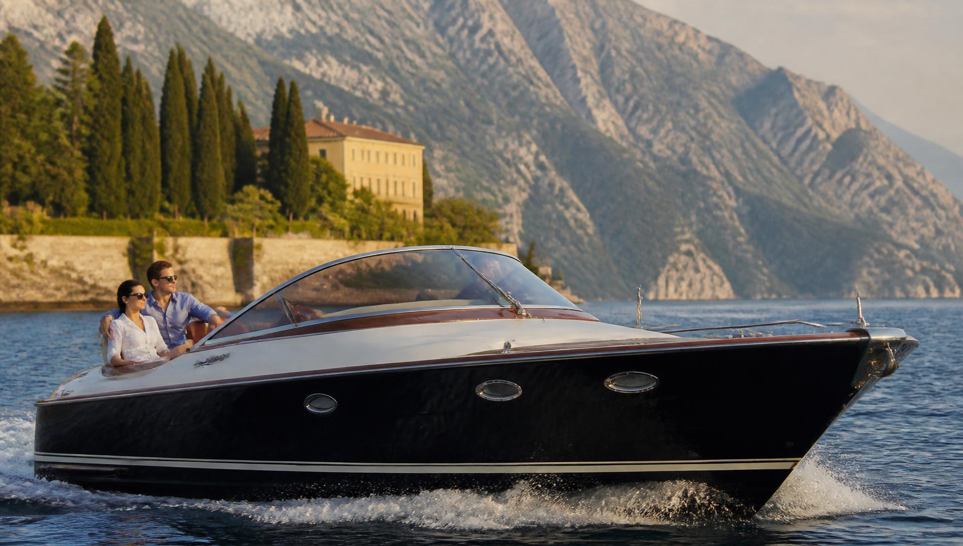 A refined motorboat crossing Lake Garda in late-afternoon light