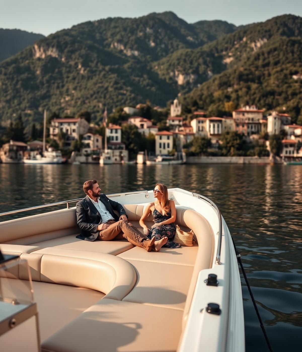Guests relaxing aboard a premium day boat moored on Lake Garda